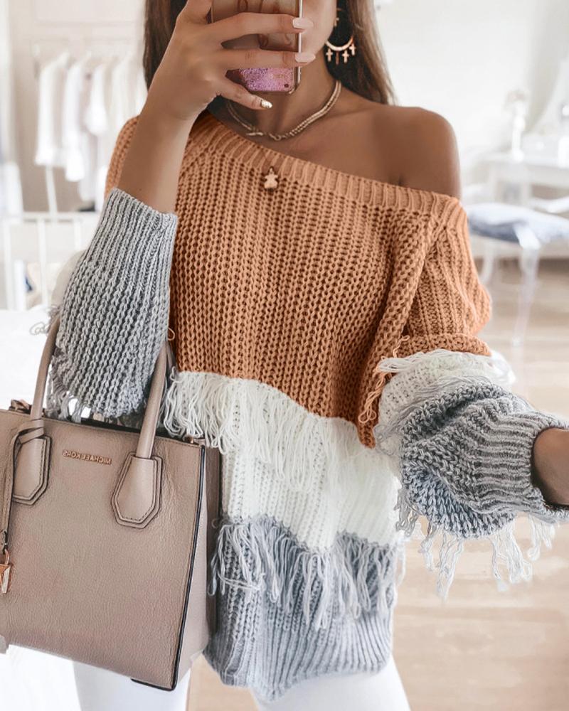 

Colorblock Long Sleeve Loose Tassel Sweaters, Khaki
