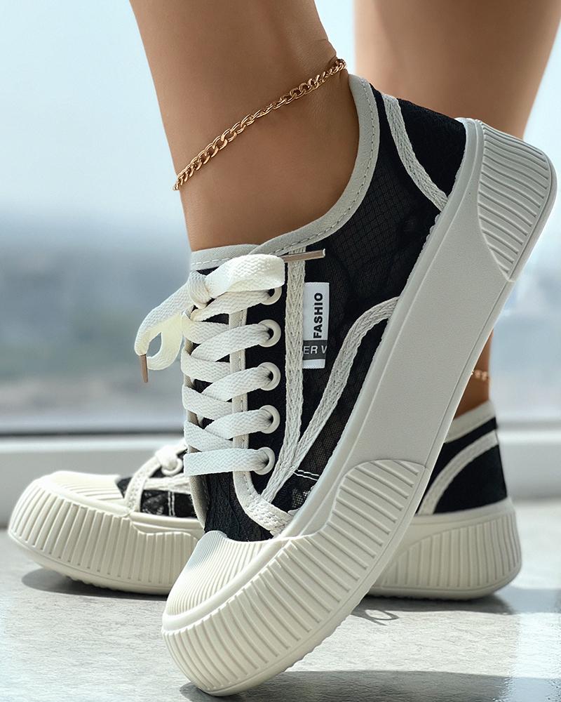 

Eyelet Lace-up Canvas Sneakers, Black