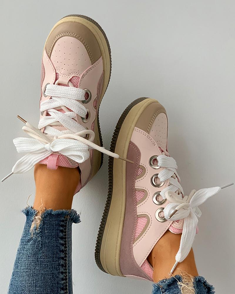 

Eyelet Lace-up Colorblock Breathable Casual Sneaker, Pink