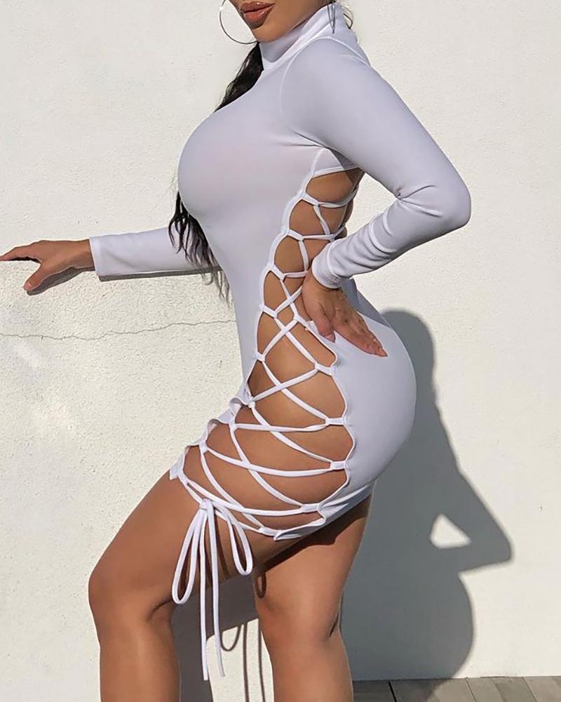 

Cutout Strappy Mock Neck Long Sleeve Bodycon Dress, White