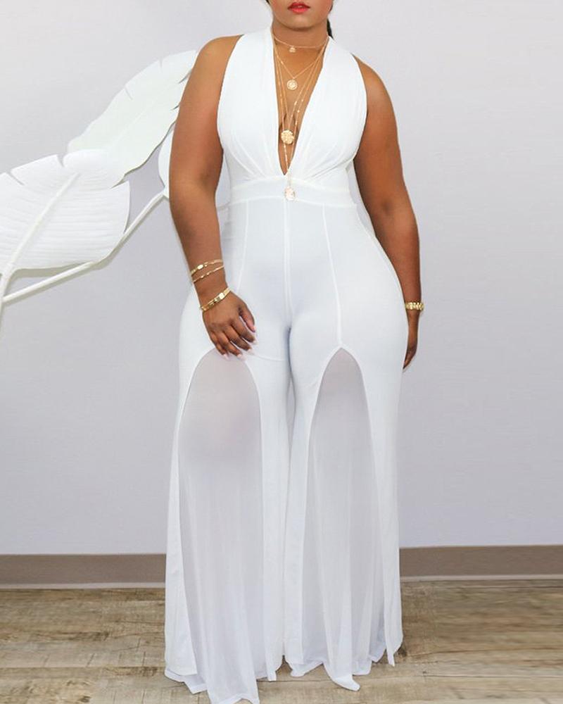 

Plus Size Sleeveless Sheer Mesh Plunge Jumpsuit, White