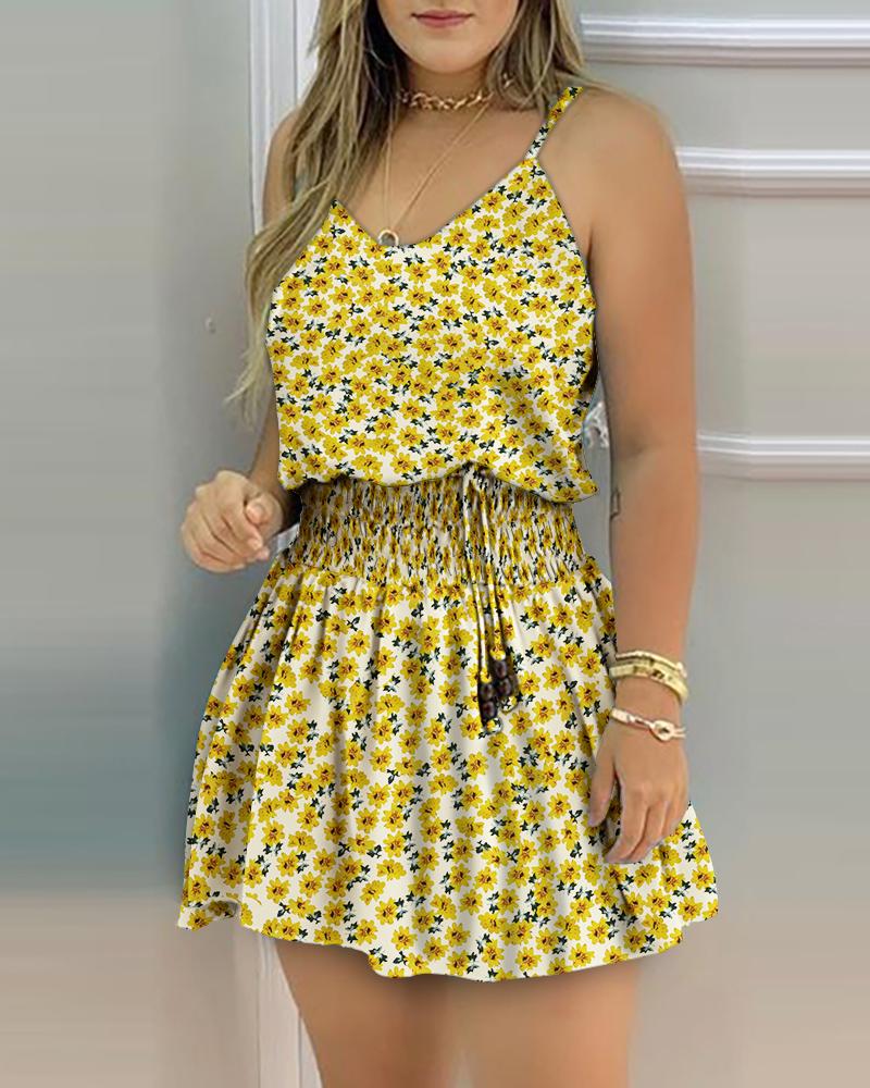 

Drawstring Shirring Detail Floral Print Dress, Yellow