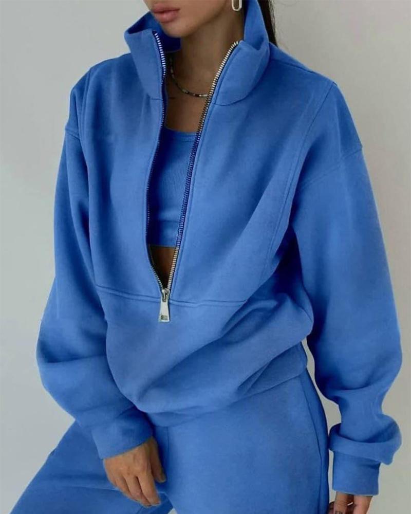 

Long Sleeve Zip Front Casual Top & Pants Set, Blue