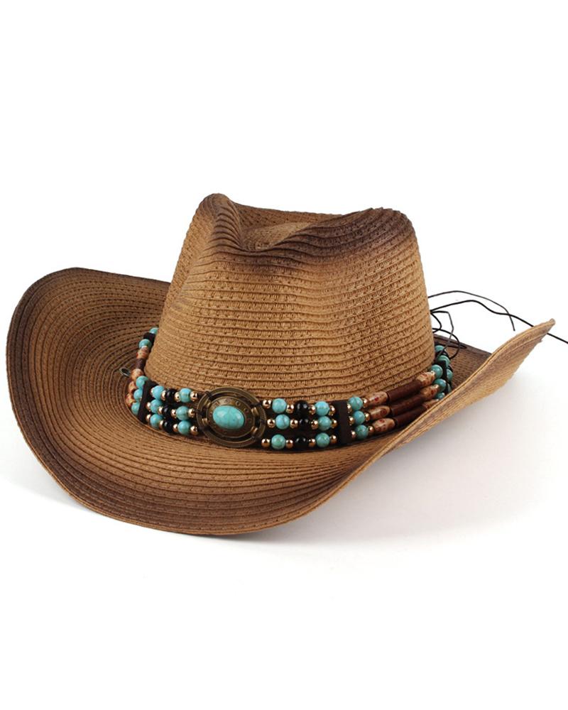 

Turquoise Tape Wide Brim Cowboy Straw Hat, Khaki