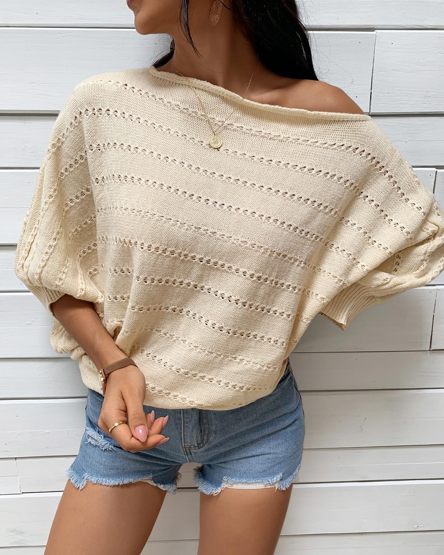 

Knit Hollow Out Long Sleeve Casual Sweater, Beige
