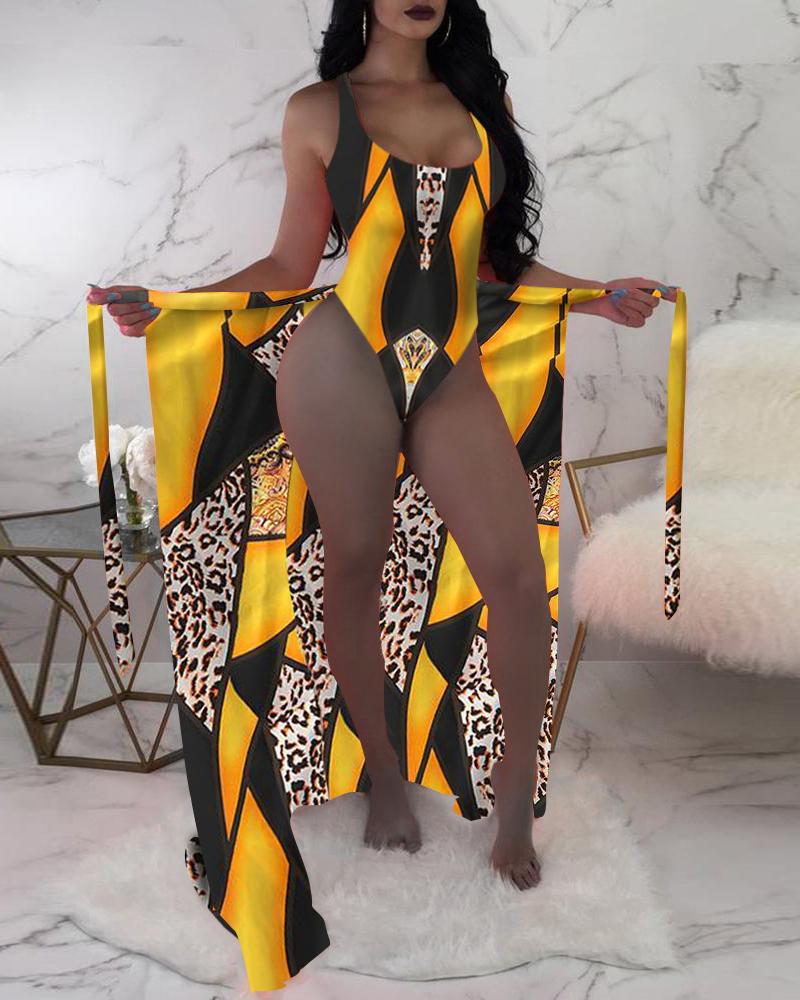 

Colorblock One Piece Swimsuit With Cheetah Print Cover Up, Yellow