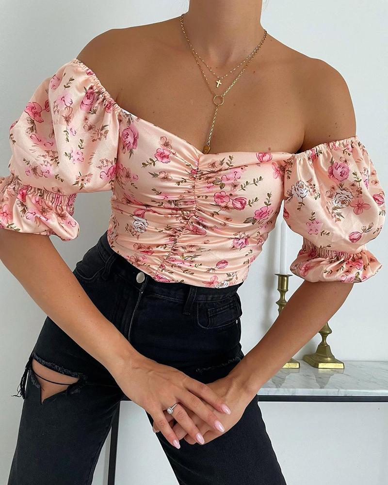 

Floral Print Puff Sleeve Ruched Top, Pink