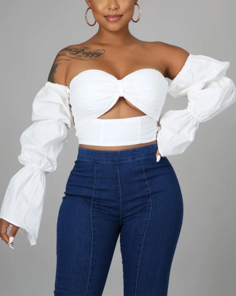 

Open Back Cut-Out Smocked Trumpet Sleeve Crop Tube Top, White