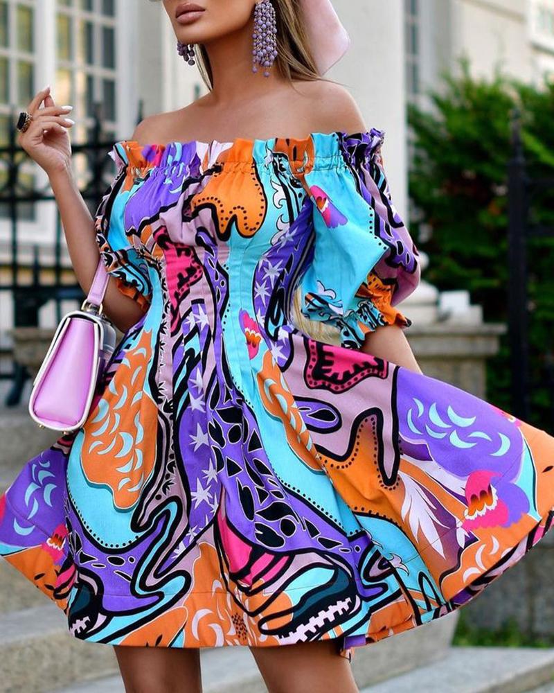 

Off Shoulder Abstract Print Frill Hem Lantern Sleeve Dress, Multicolor