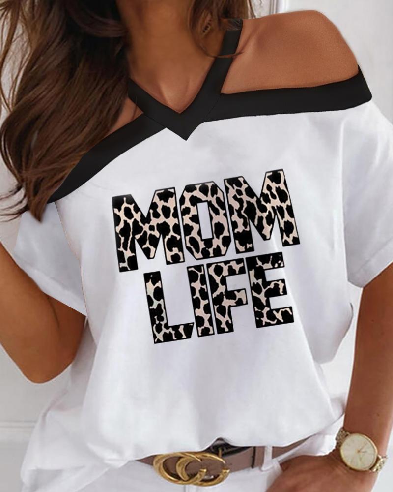 

Mother' Day Letter Cheetah Print Cold Shoulder Top, White