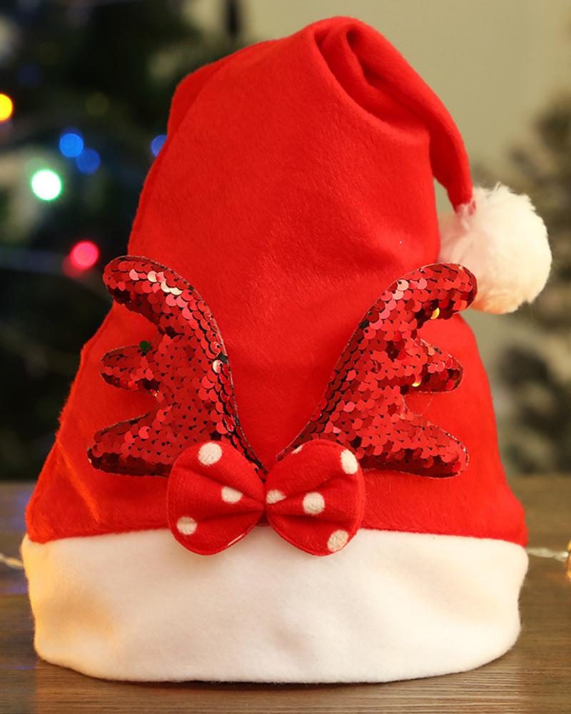 

Bowknot Antler Pattern Pom Pom Christmas Hat, Red