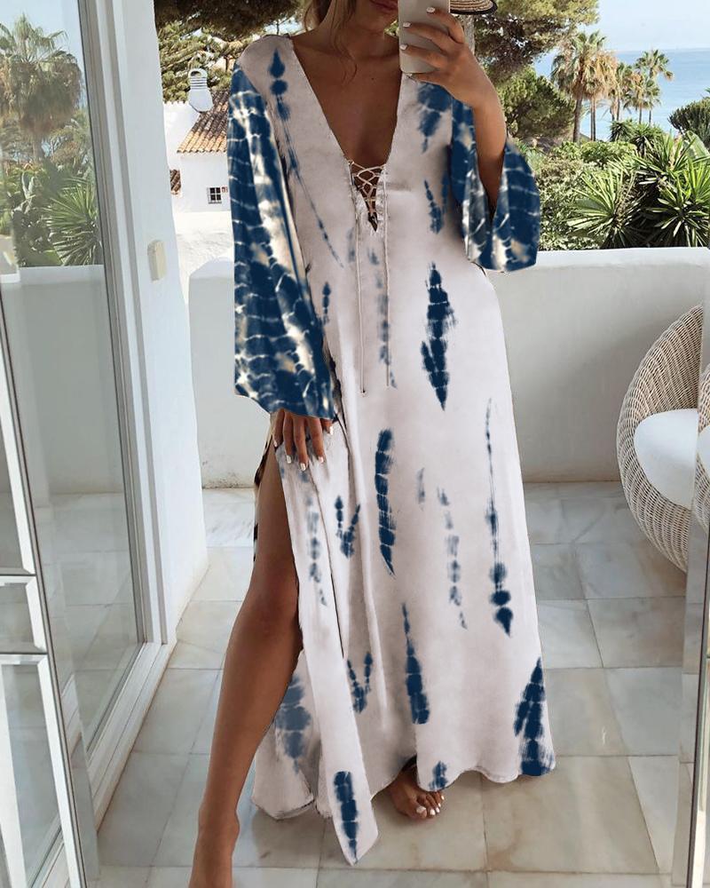 

Tie Dye Print Lace-up High Slit Maxi Dress, White