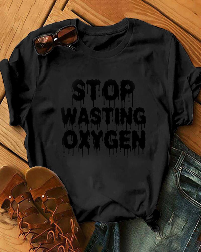 

Letter Print Short Sleeve Loose T-shirts, Black