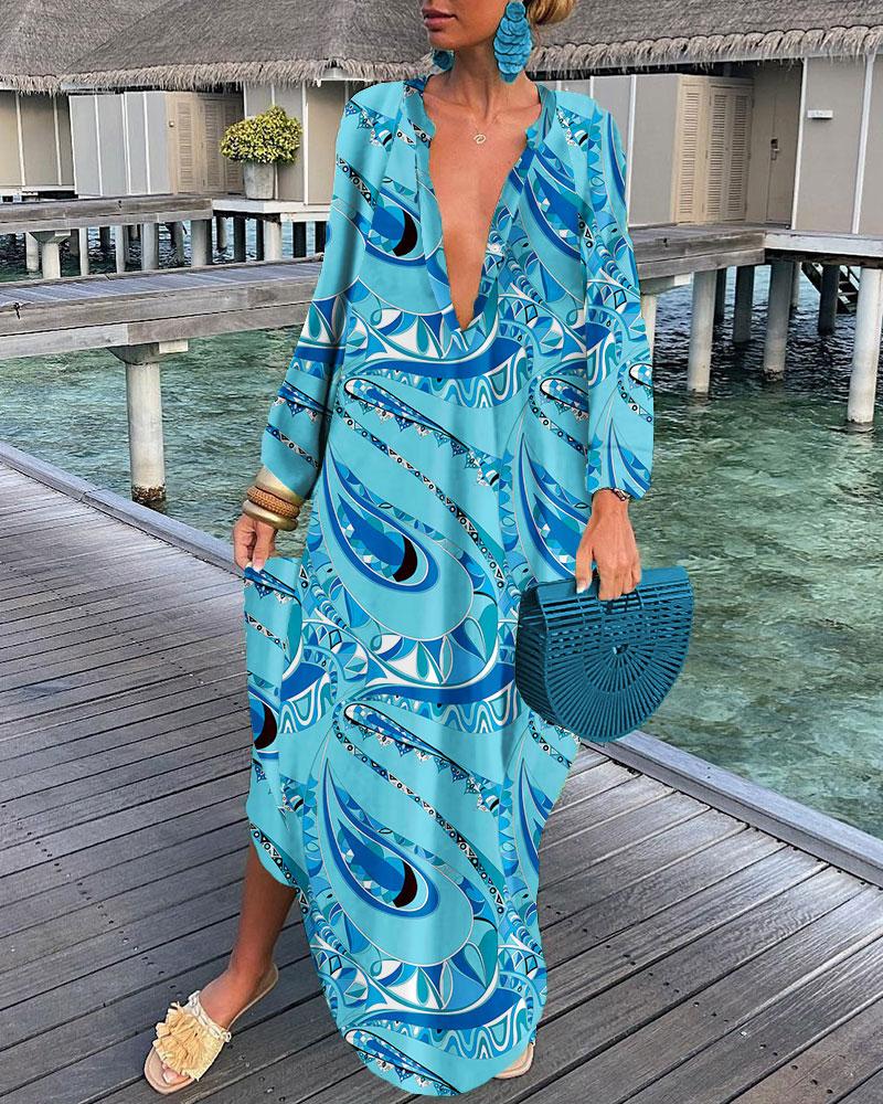 

Abstract Print Button Front Long Sleeve Shirt Dress, Blue