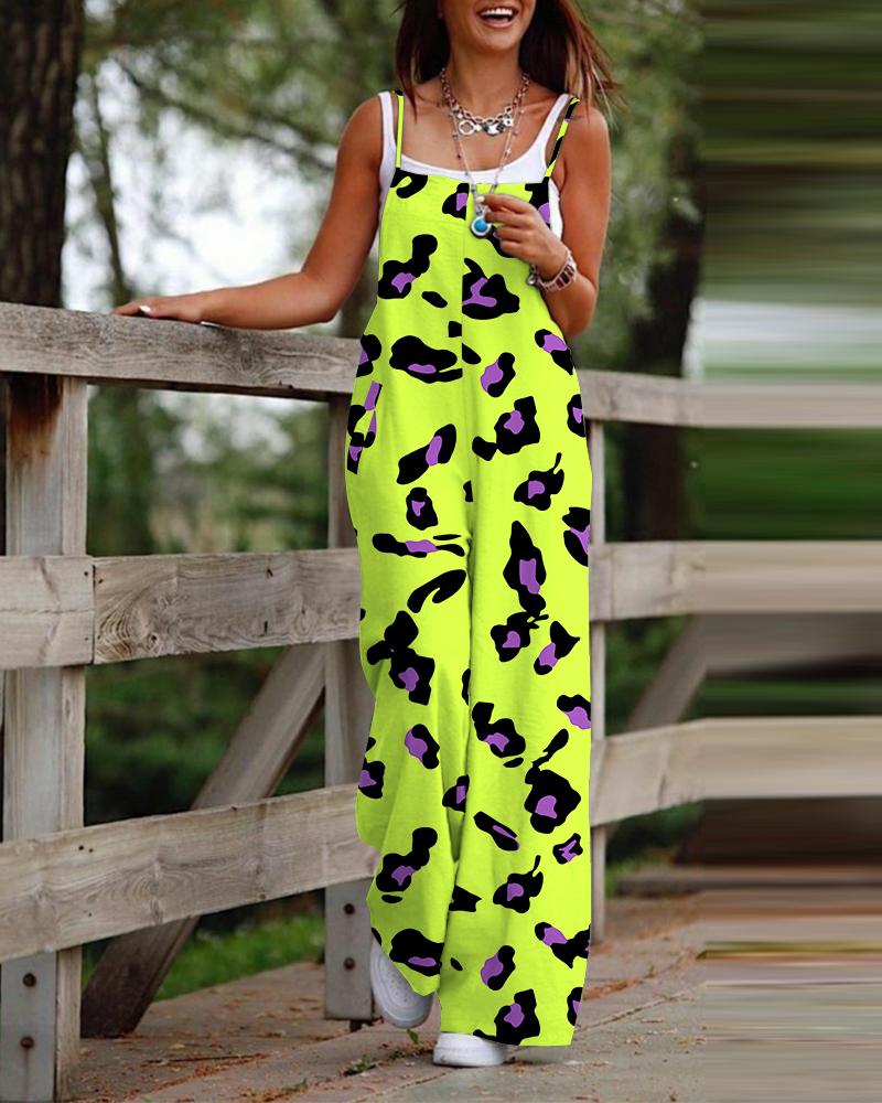 

Leopard Print Wide Leg Spaghetti Strap Jumpsuit, Lvs green