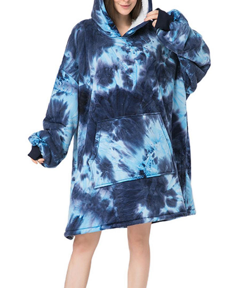 

Tied Dye Print Pocket Design Blanket Hoodie, Blue