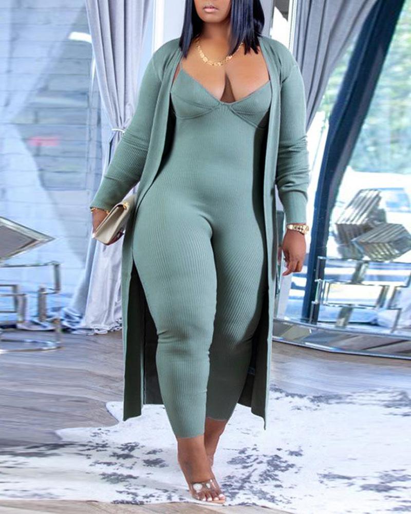 

Plus Size Ribbed Spaghetti Strap Jumpsuit With Longline Coat, Green