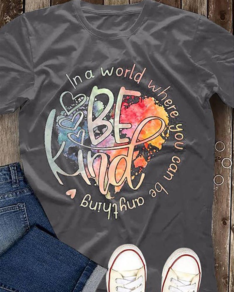 

Heart Letter Print Short Sleeve T-shirt, Gray