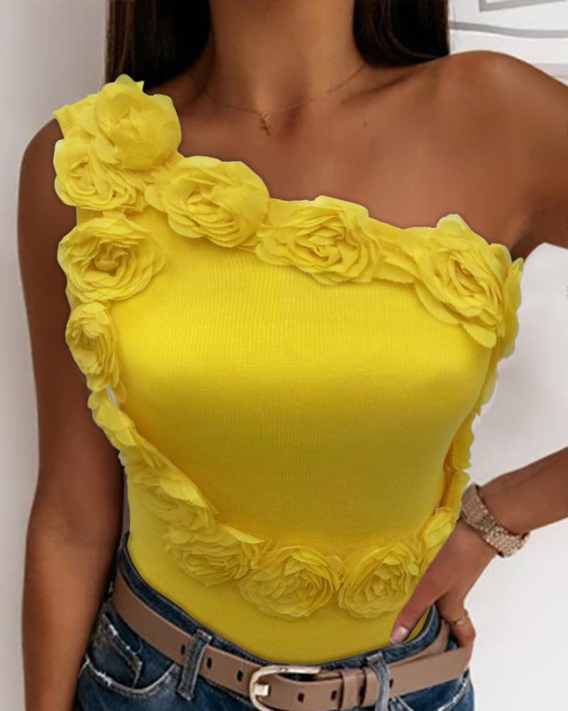 

Top de malha com padrão floral de um ombro, Yellow