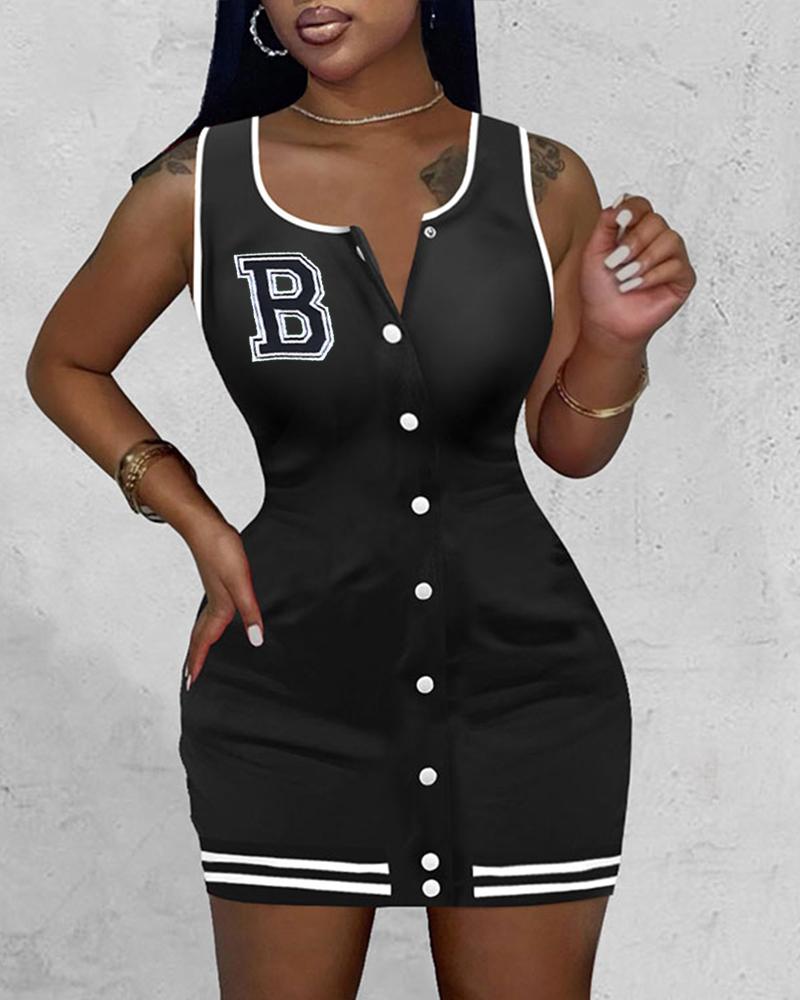 

Contrast Binding Letter Patch Button Front Casual Dress, Black