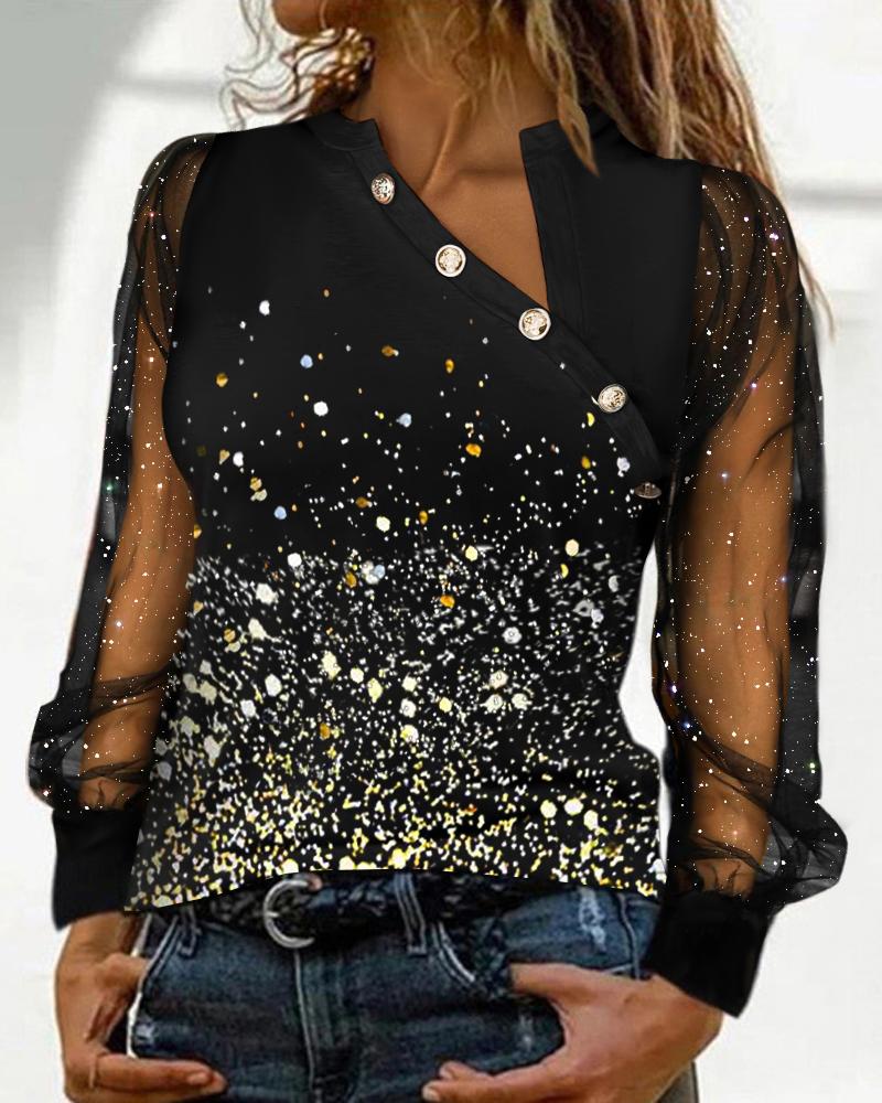 

Contrast Mesh Buttoned Print Top, Black