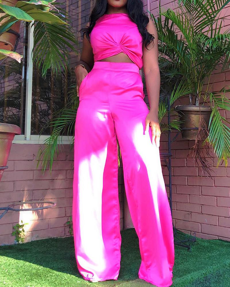 

Twist Design Crop Top & Wide Leg Pants Set, Hot pink