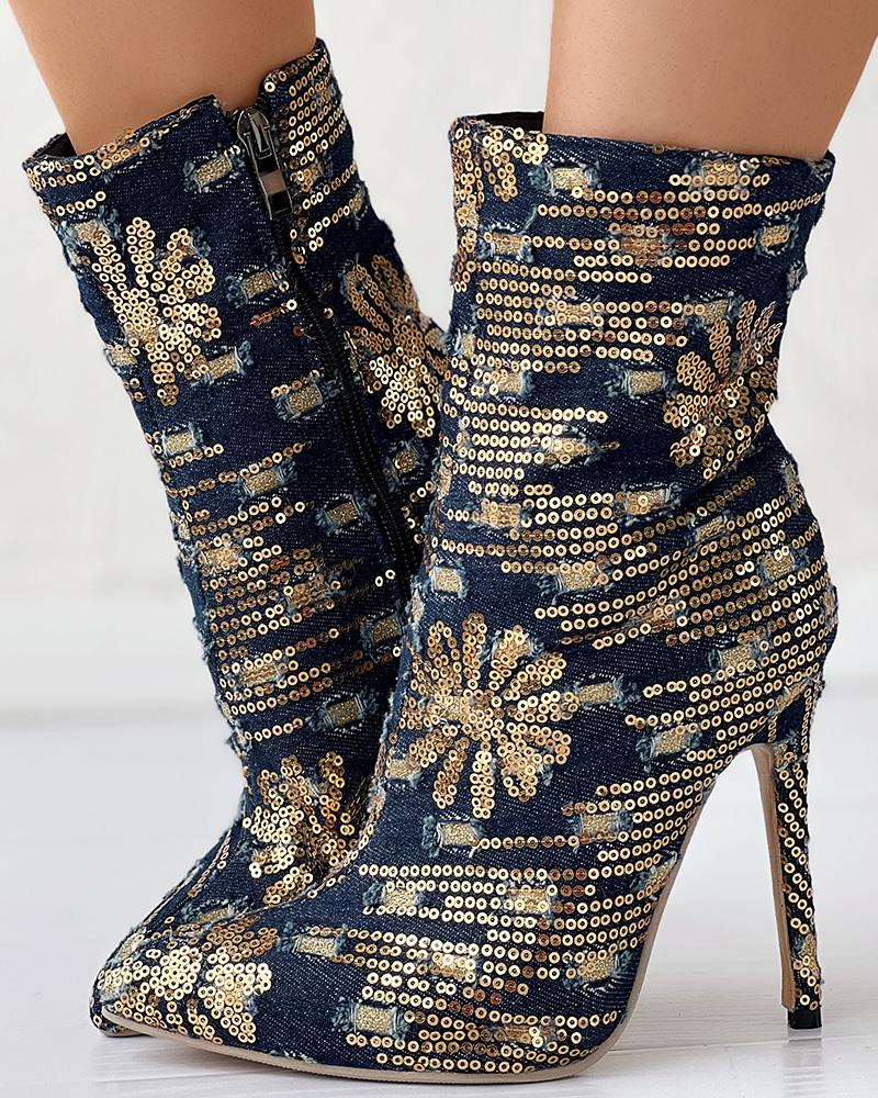 

Sequin Floral Pattern Stiletto Heel Ankle Boots, Purplish blue