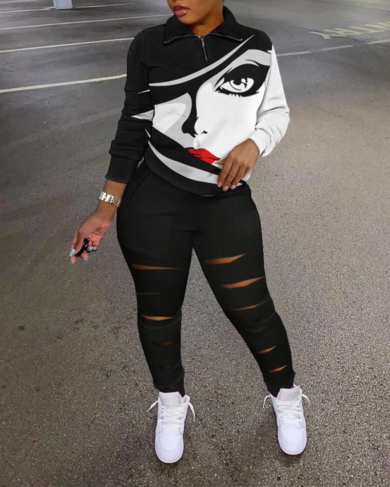 

Figure Print Long Sleeve Top & Ladder Cutout Pants Set, Black