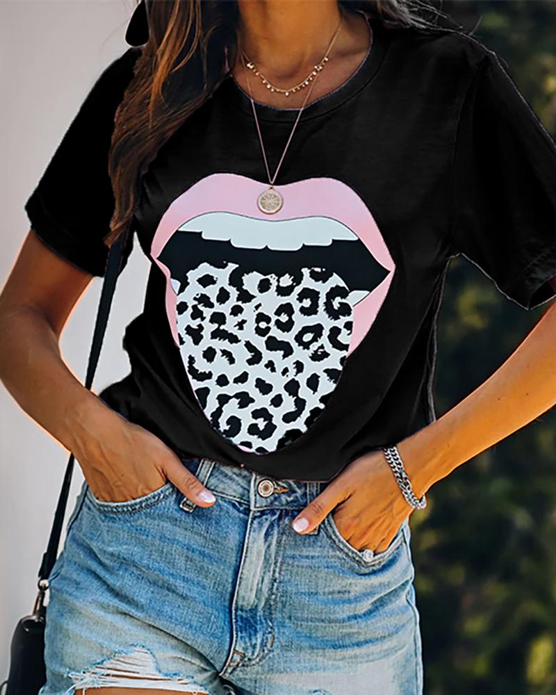 

Leopard Lip Print Short Sleeve T-shirt, Black