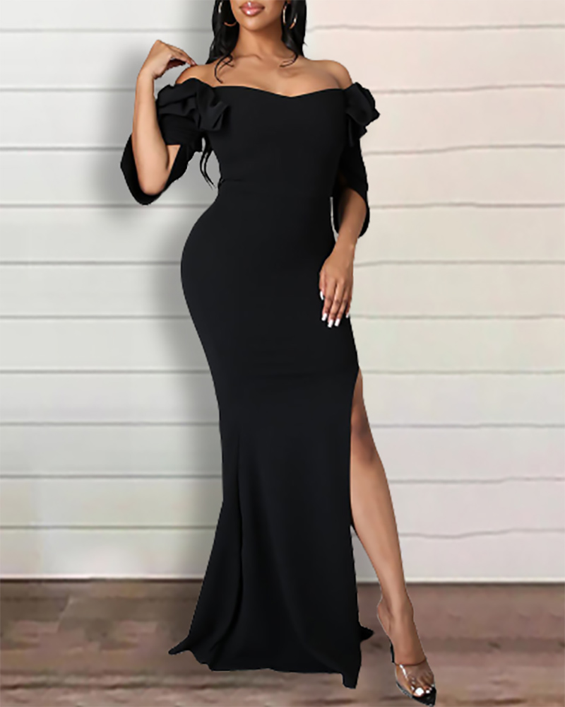 

Half Sleeve Ruffle Hem Slit Party Dress, Black