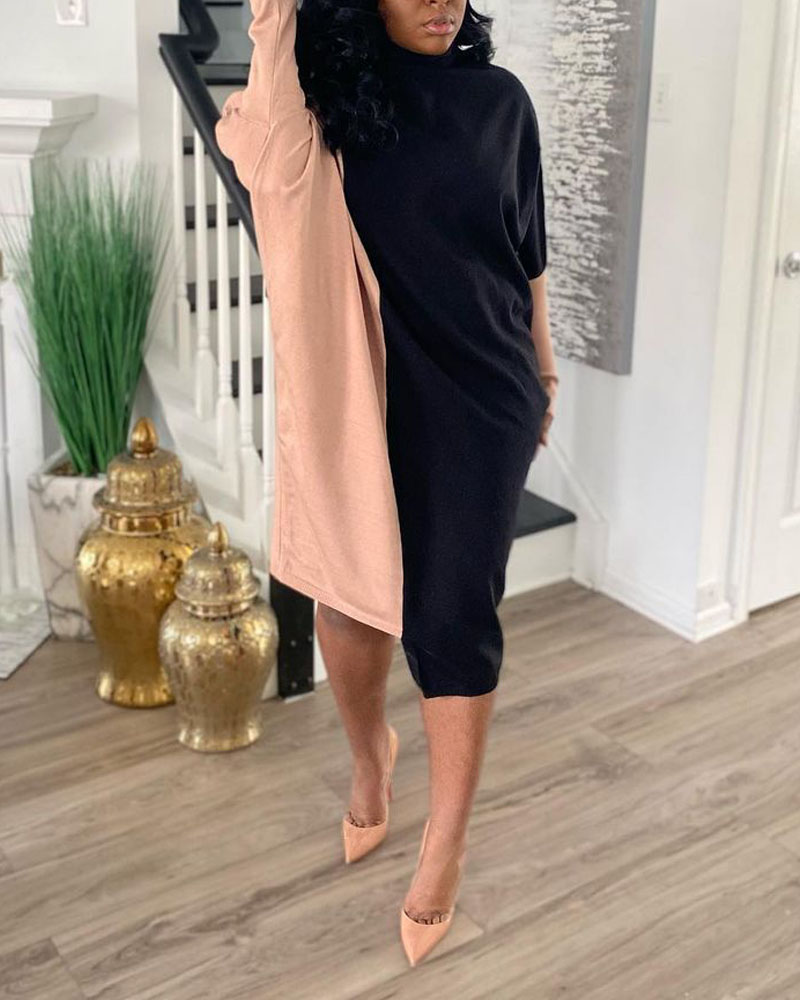 

Colorblock High Neck Asymmetrical Casual Dress, Pink