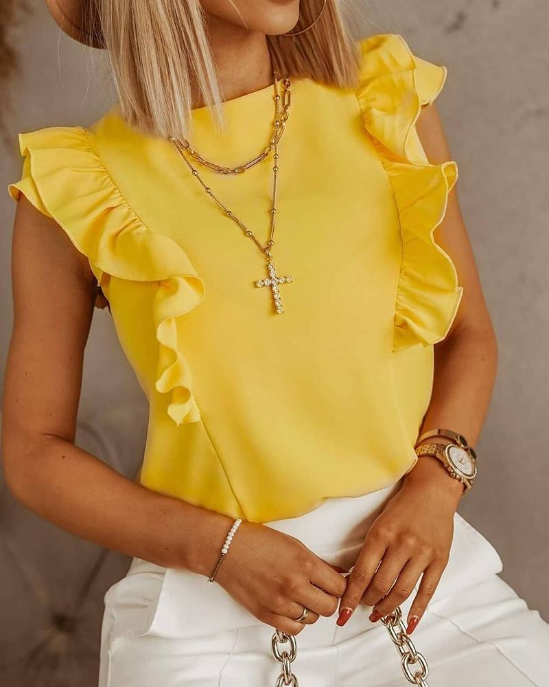 

Ruffle Hem Tie Up Design Plain Sleeveless Women Top, Yellow