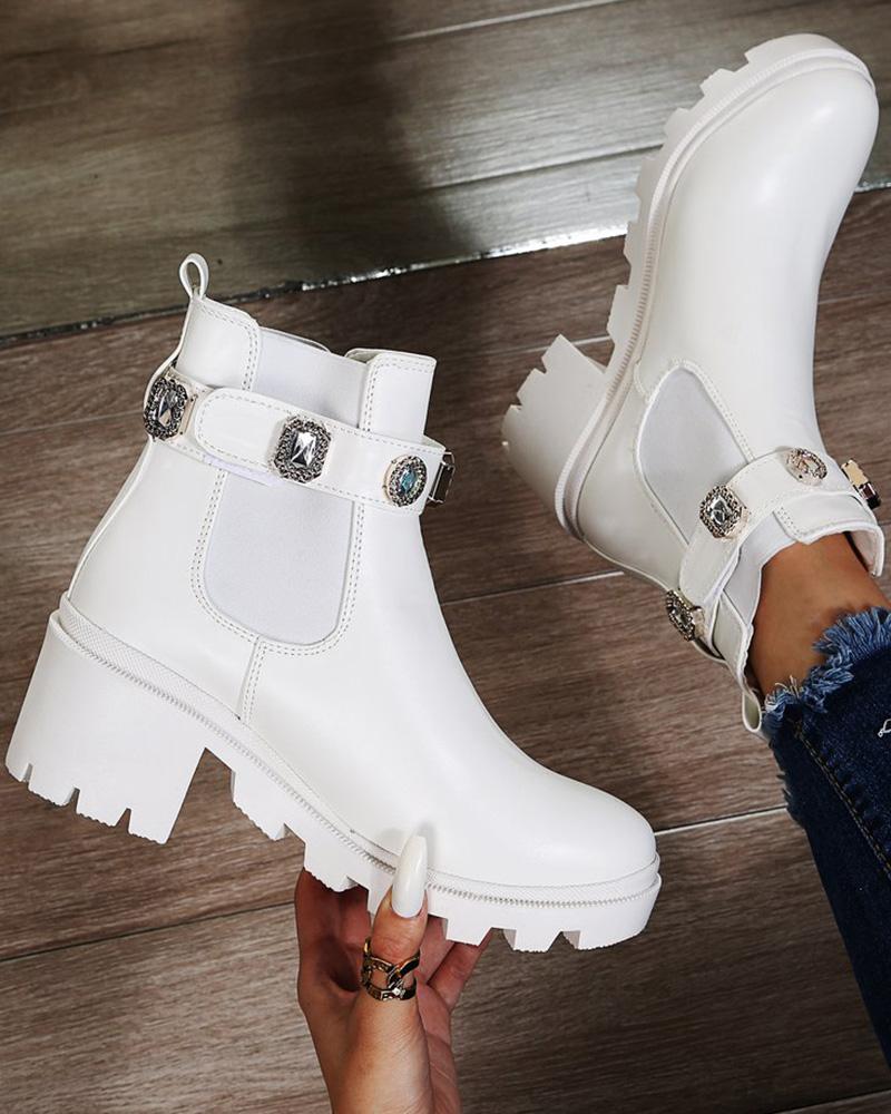 

Gem Stone Buckled Martin Boots, White