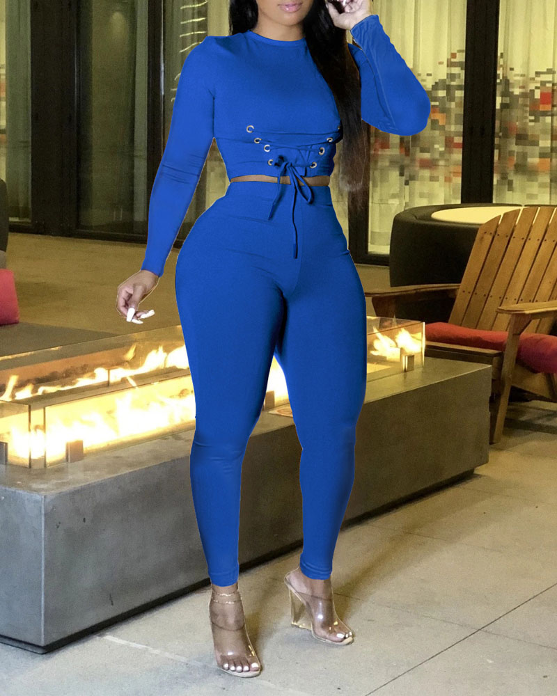 

Long Sleeve Grommet Eyelet Lace-Up Crop Top & Pants Set, Blue