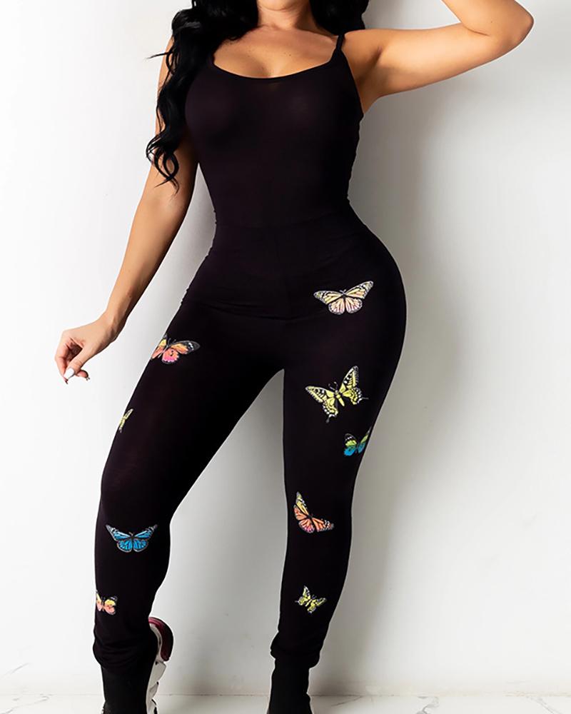 

Butterfly Print Colorblock U-Neck Skinny Jumpsuit, Black