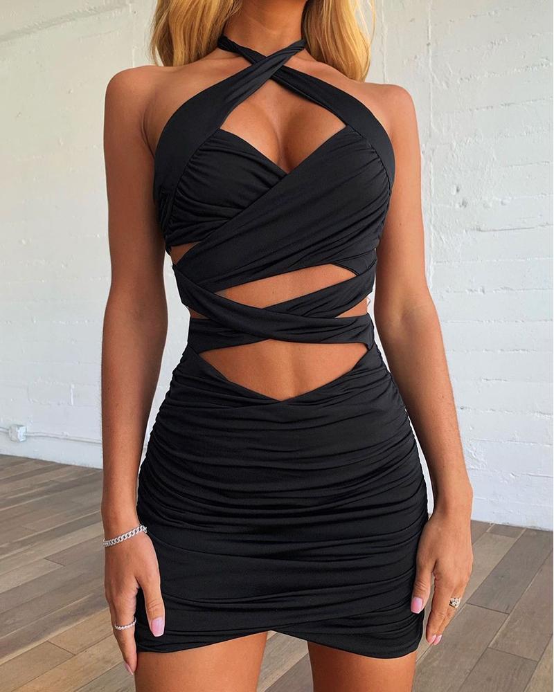 

Ruched Crisscross Cutout Halter Bodycon Dress, Black