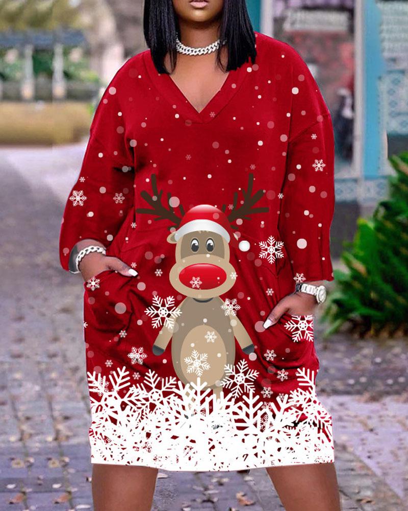 

Plus Size Christmas Snowflake Elk Print Casual Dress, Red
