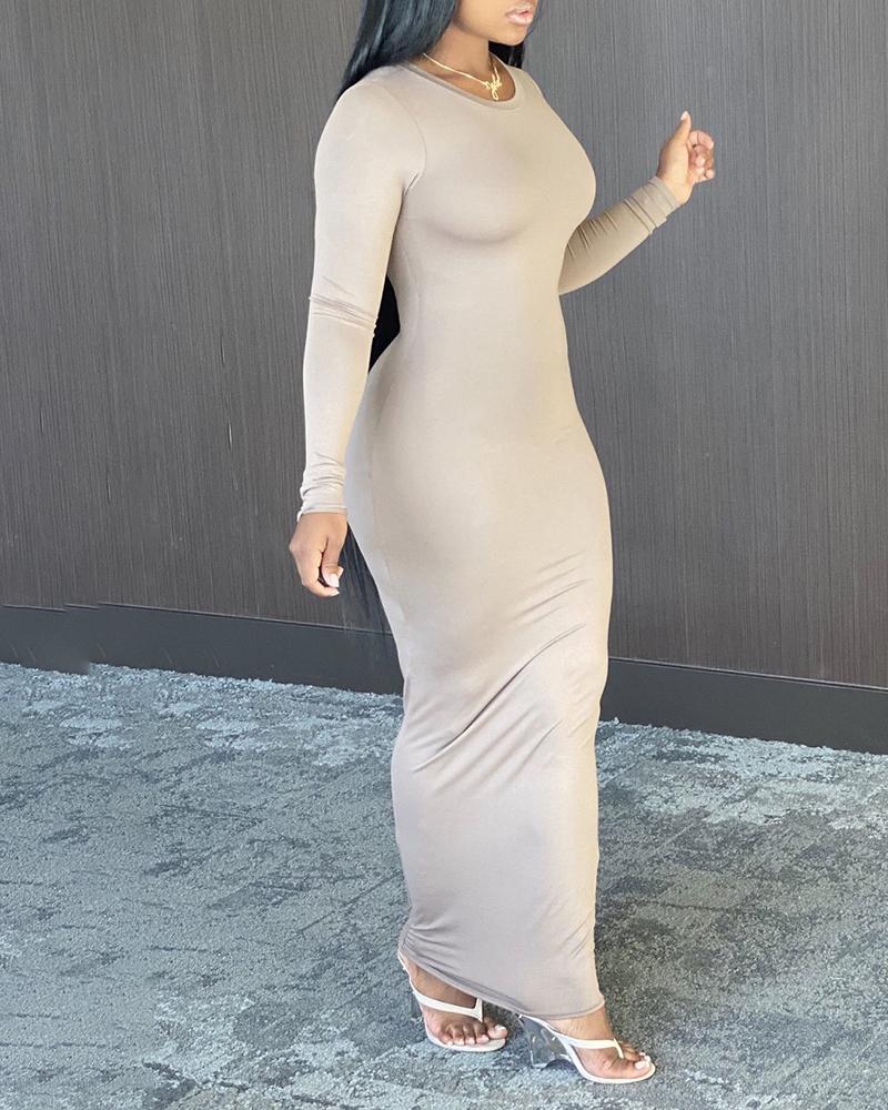 

O Neck Long Sleeve Skinny Maxi Dress, Beige