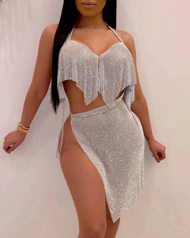 

Halter Backless Sequin Top & Slit Skirt Sets, Silver