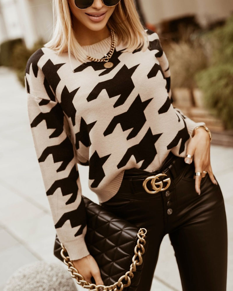 

Houndstooth Print Long Sleeve Sweater, Khaki