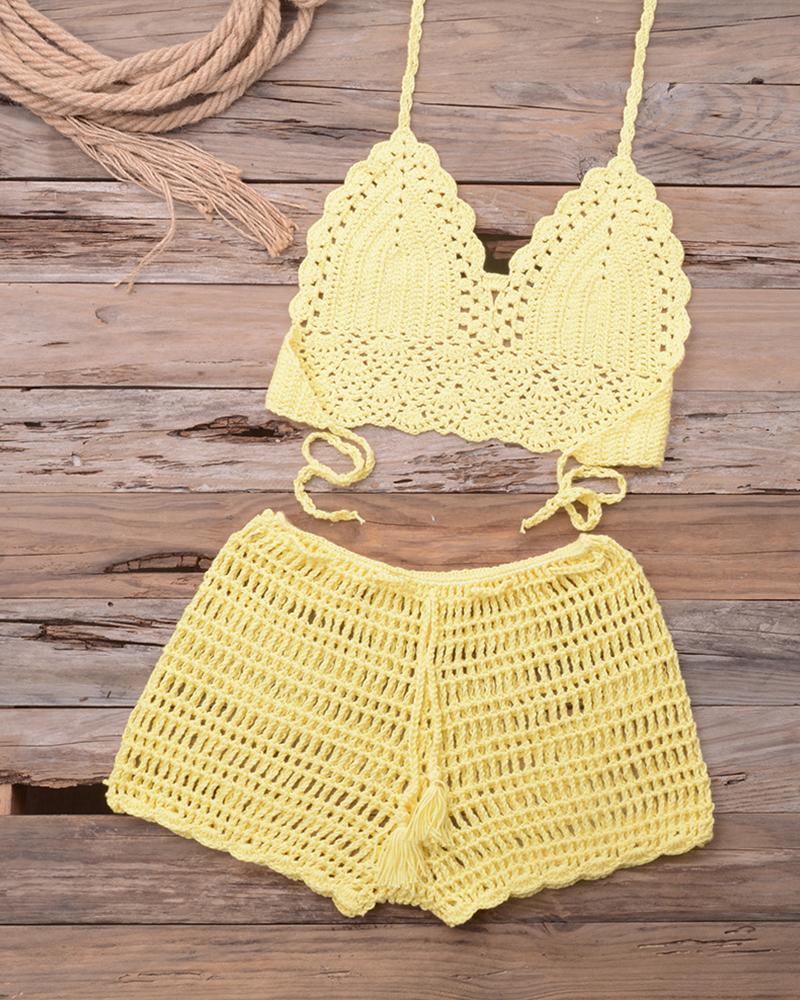 

Solid Strap Cut-out Tanks With Cut-out Shorts Sexy Sets, Yellow