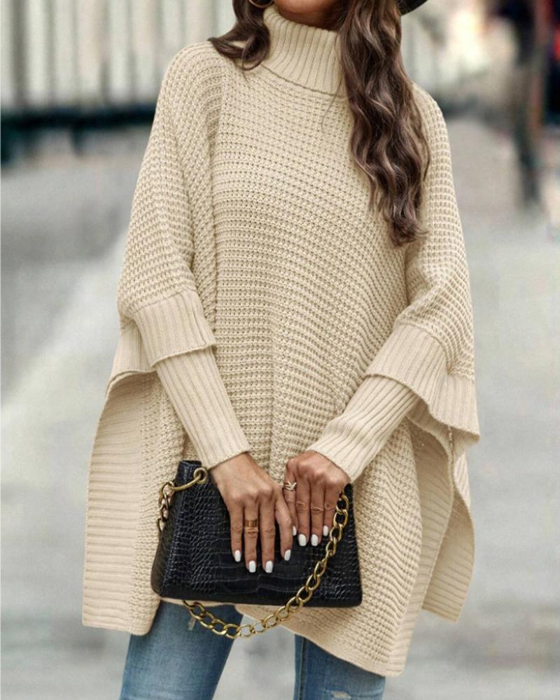 

High Neck Knit Poncho Sweater, Beige