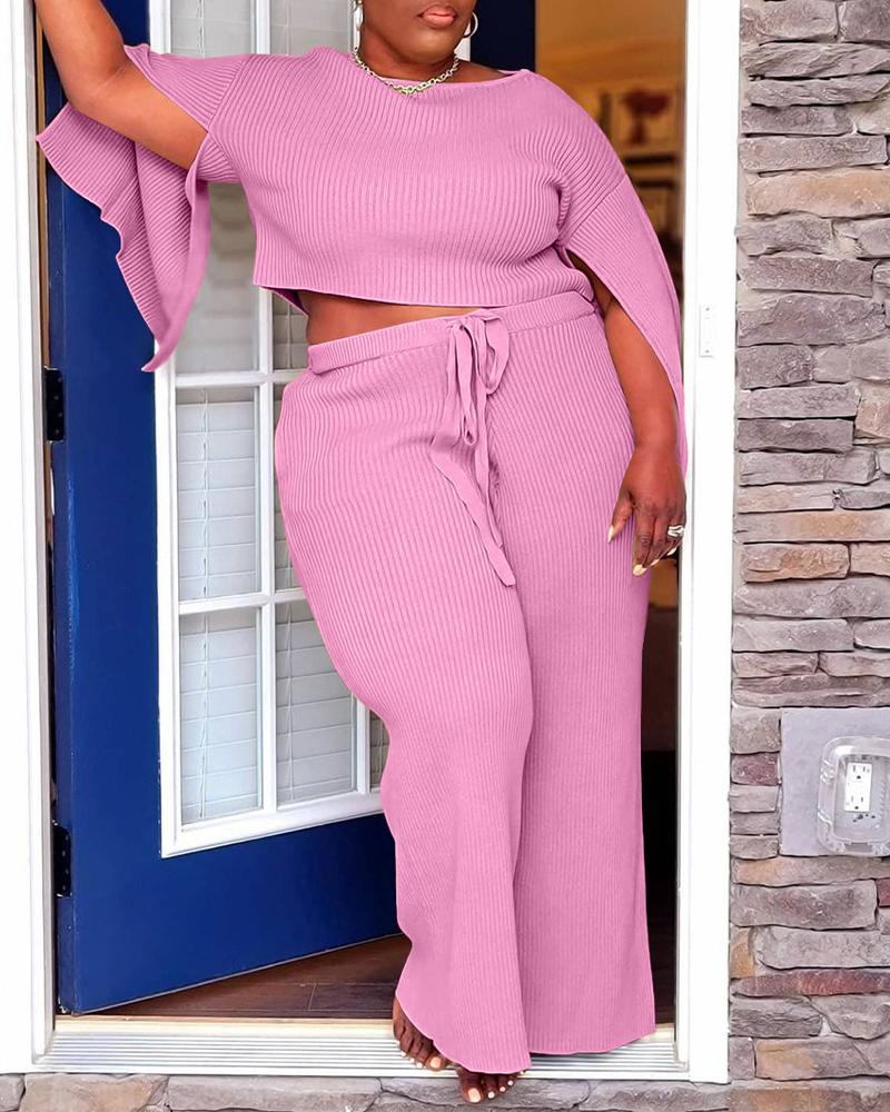 

Plus Size Ribbed Split Sleeve Crop Top & Drawstring Pocket Pants Set, Pink