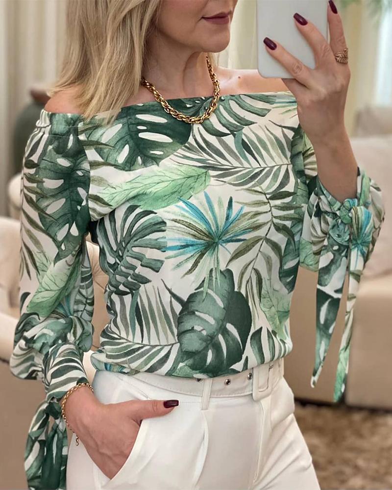 

Leaves Print Long Sleeve Blouse, Green