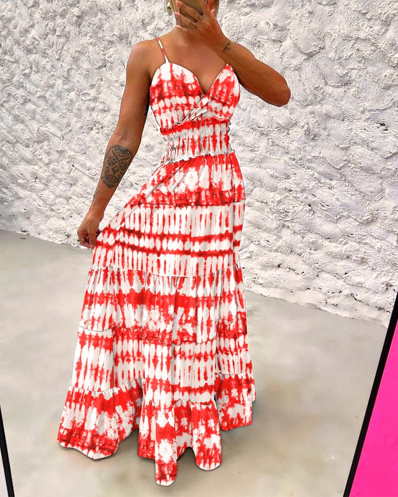 

Tie Dye Print Halter Backless Maxi Dress, Red