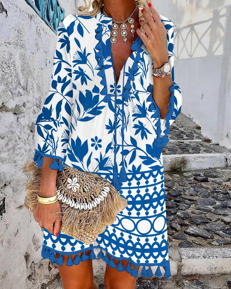 

Plants Geo Print Tassel Decor Bell Sleeve Casual Dress, Blue