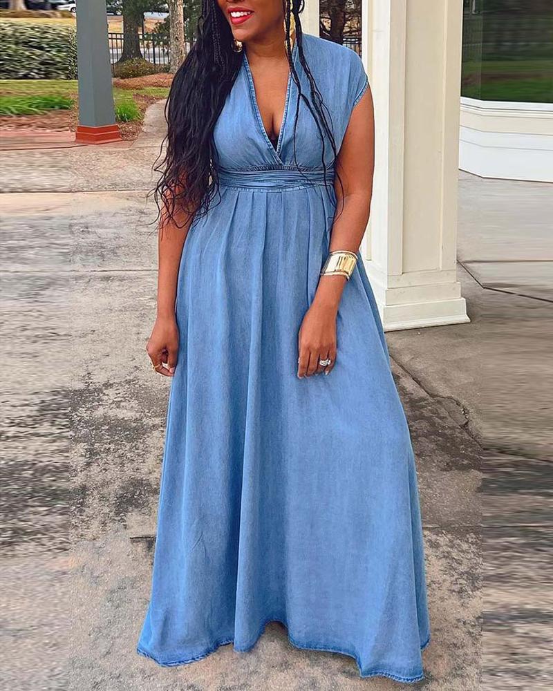 

Plunge Cap Sleeve Casual Denim Dress, Blue
