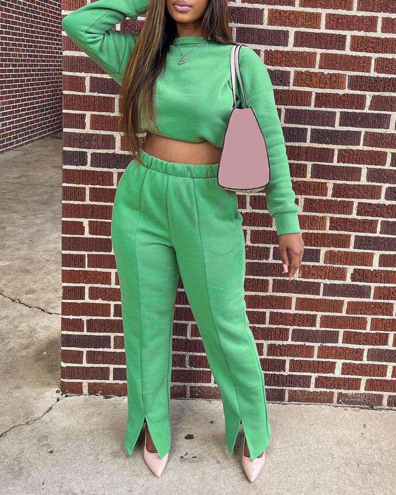 

Long Sleeve Casual Top & Split Hem Pants Set, Green