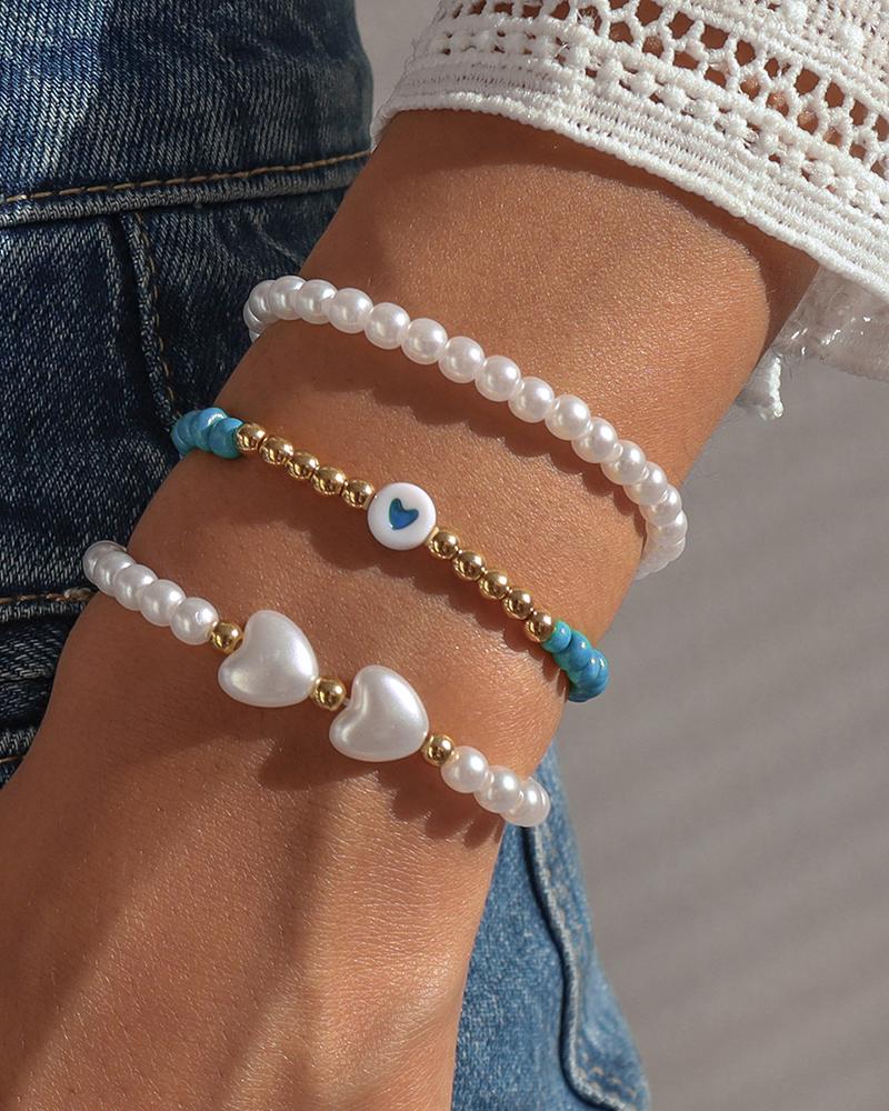 

3PCS Heart Pearls Beaded Bracelet Set, Blue