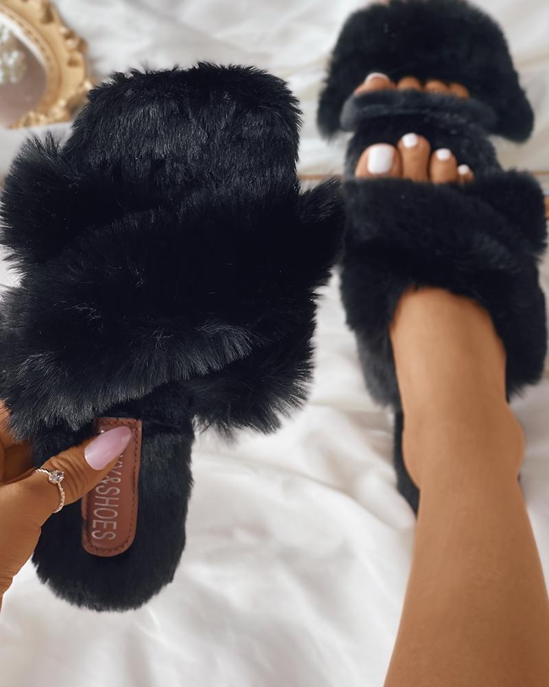 

Square Toe Crisscross Strap Fluffy Slippers, Black